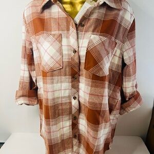 NEW Natural Reflections Cane Creek Flannel Long-Sleeve Shirt Mocha Bisque Plaid